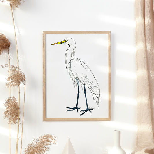 Graceful Great Egret – Watercolor & Ink Fine Art Print