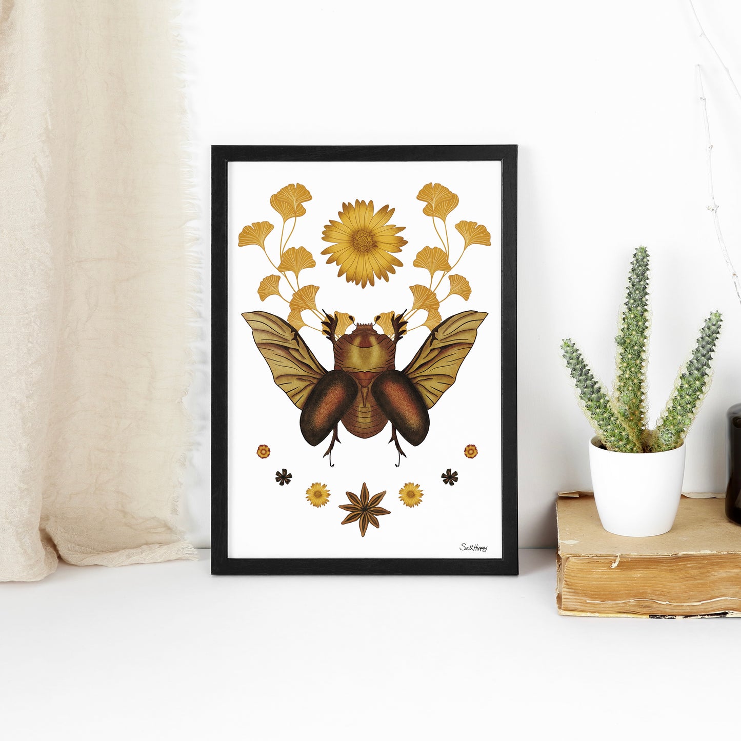 Rhino Beetle Moth Botanical Art Print – Boho Nature-Inspired Wall Decor