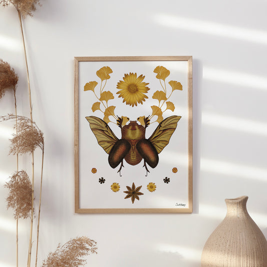 Rhino Beetle Moth Botanical Art Print – Boho Nature-Inspired Wall Decor