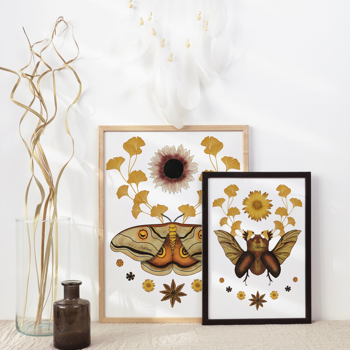Rhino Beetle Moth Botanical Art Print – Boho Nature-Inspired Wall Decor