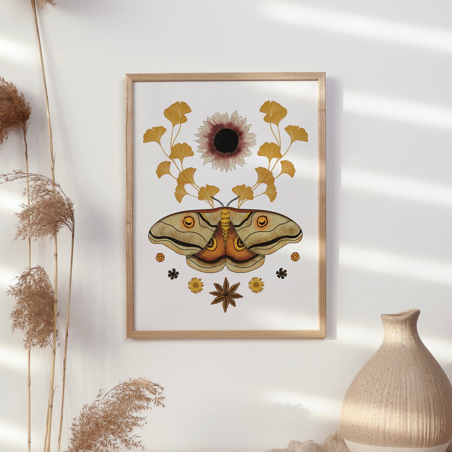 Fall Moth Botanical Art Print – Boho Nature-Inspired Wall Decor