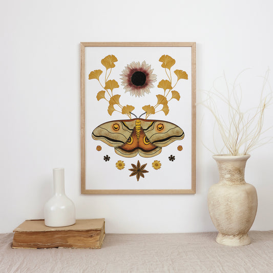 Fall Moth Botanical Art Print – Boho Nature-Inspired Wall Decor