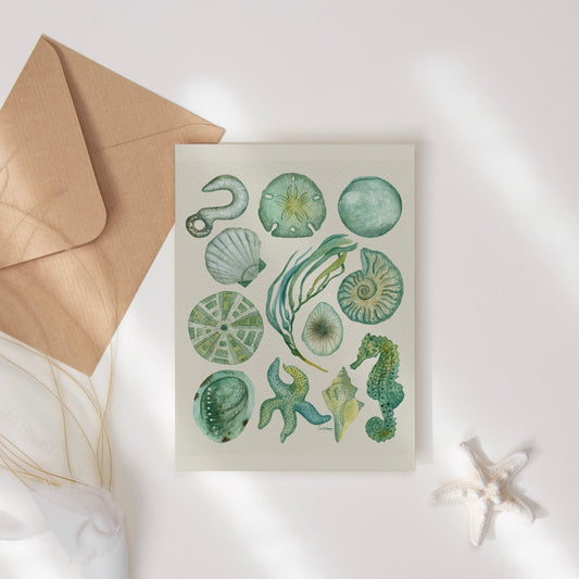 Coastal Treasures Greeting Card – Blank Seashell & Seahorse Illustration – Ocean-Inspired Stationery 4x5.5