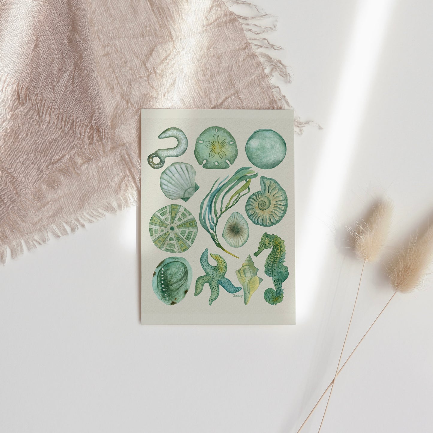 Coastal Treasures Greeting Card – Blank Seashell & Seahorse Illustration – Ocean-Inspired Stationery 4x5.5