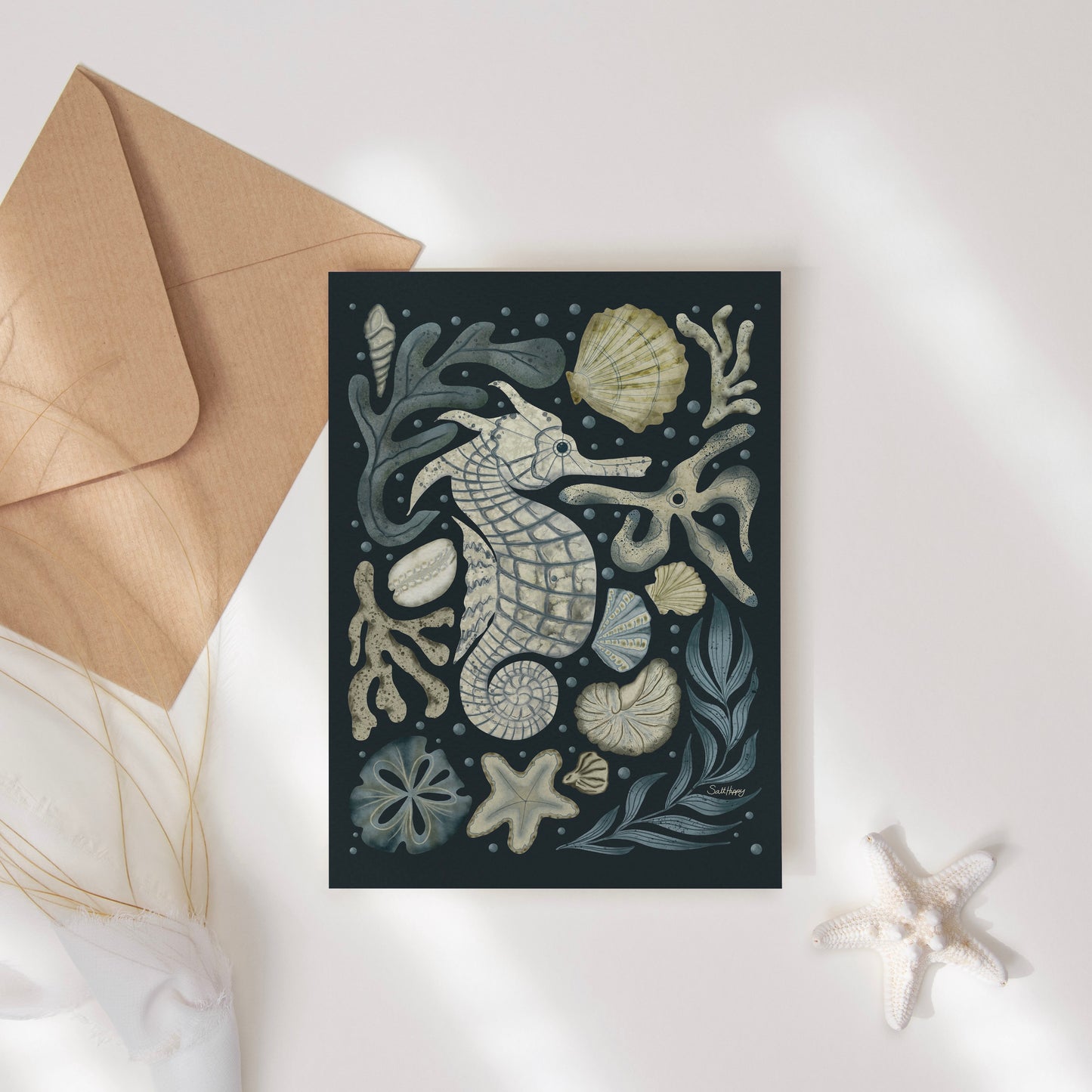 Seahorse Greeting Card – 4x5.5 Original Illustration – Blank Note Card with Envelope – Coastal & Nautical Stationery