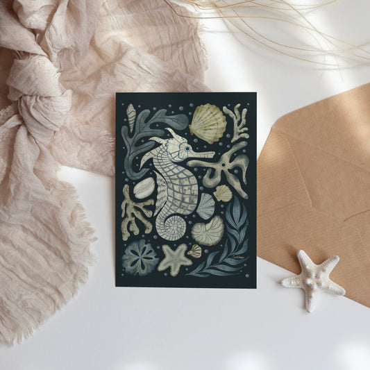 Seahorse Greeting Card – 4x5.5 Original Illustration – Blank Note Card with Envelope – Coastal & Nautical Stationery
