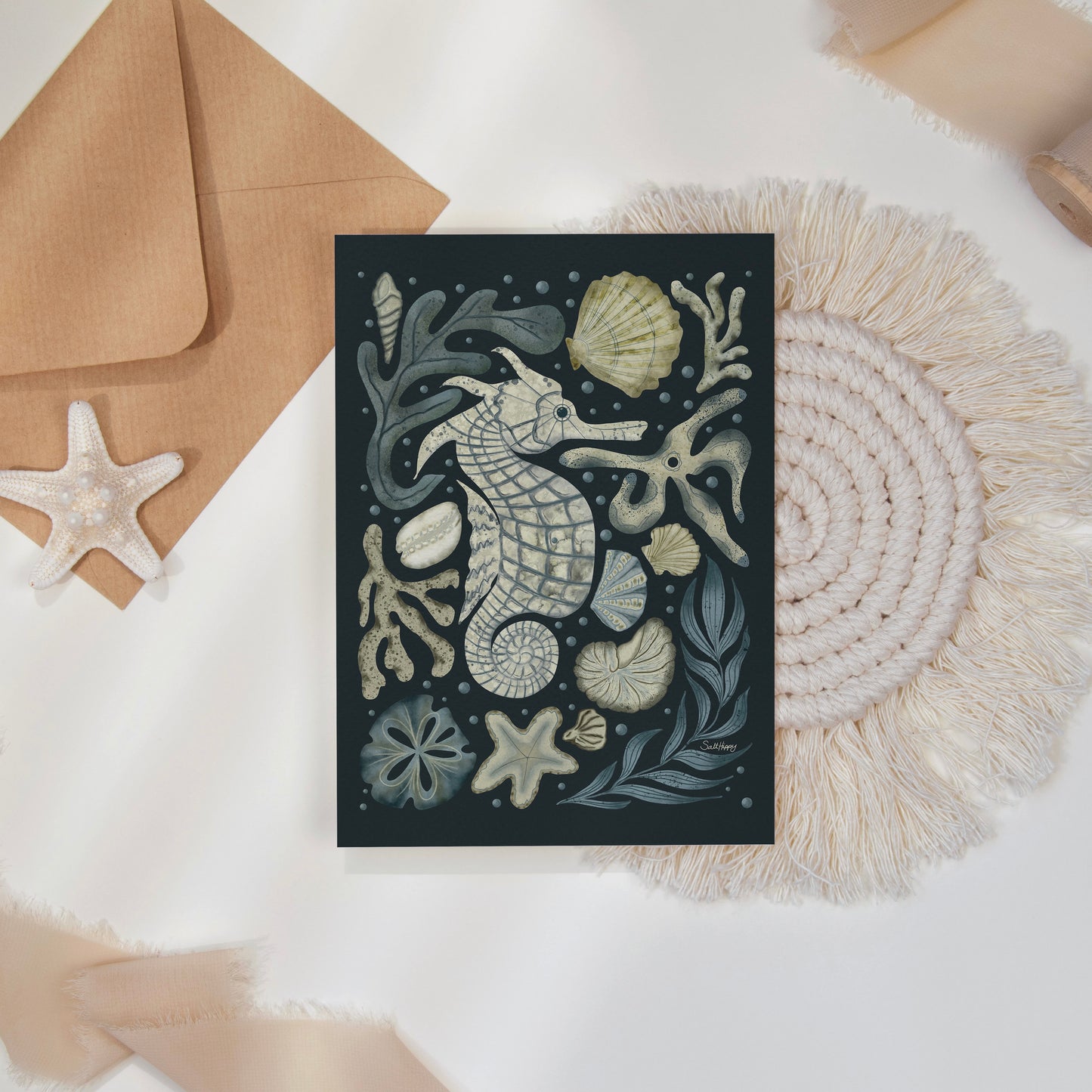 Seahorse Greeting Card – 4x5.5 Original Illustration – Blank Note Card with Envelope – Coastal & Nautical Stationery