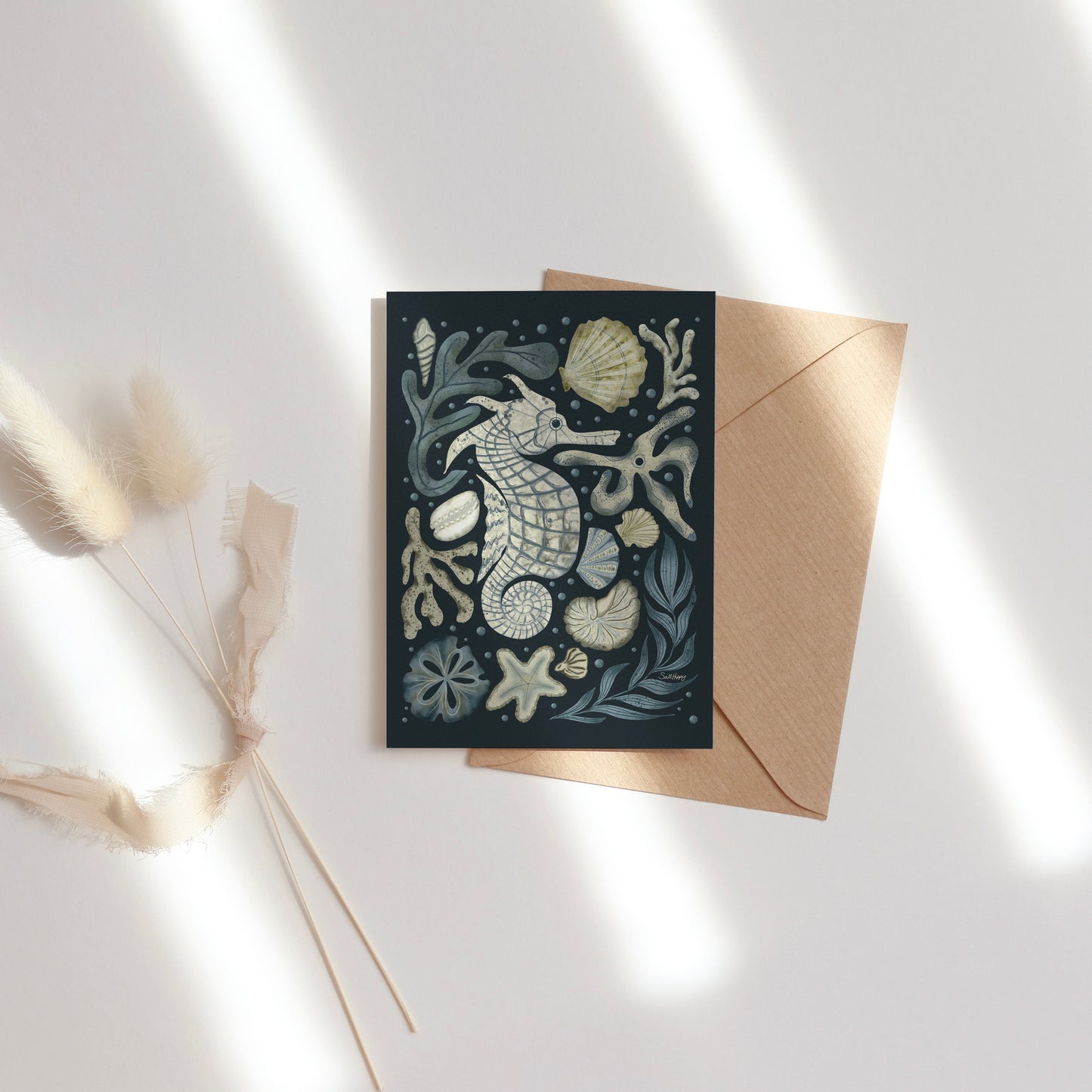 Seahorse Greeting Card – 4x5.5 Original Illustration – Blank Note Card with Envelope – Coastal & Nautical Stationery