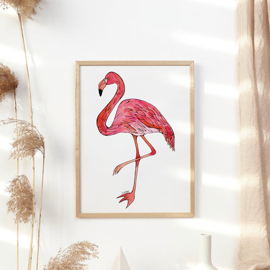 Vibrant Pink Flamingo – Watercolor & Ink Fine Art Print