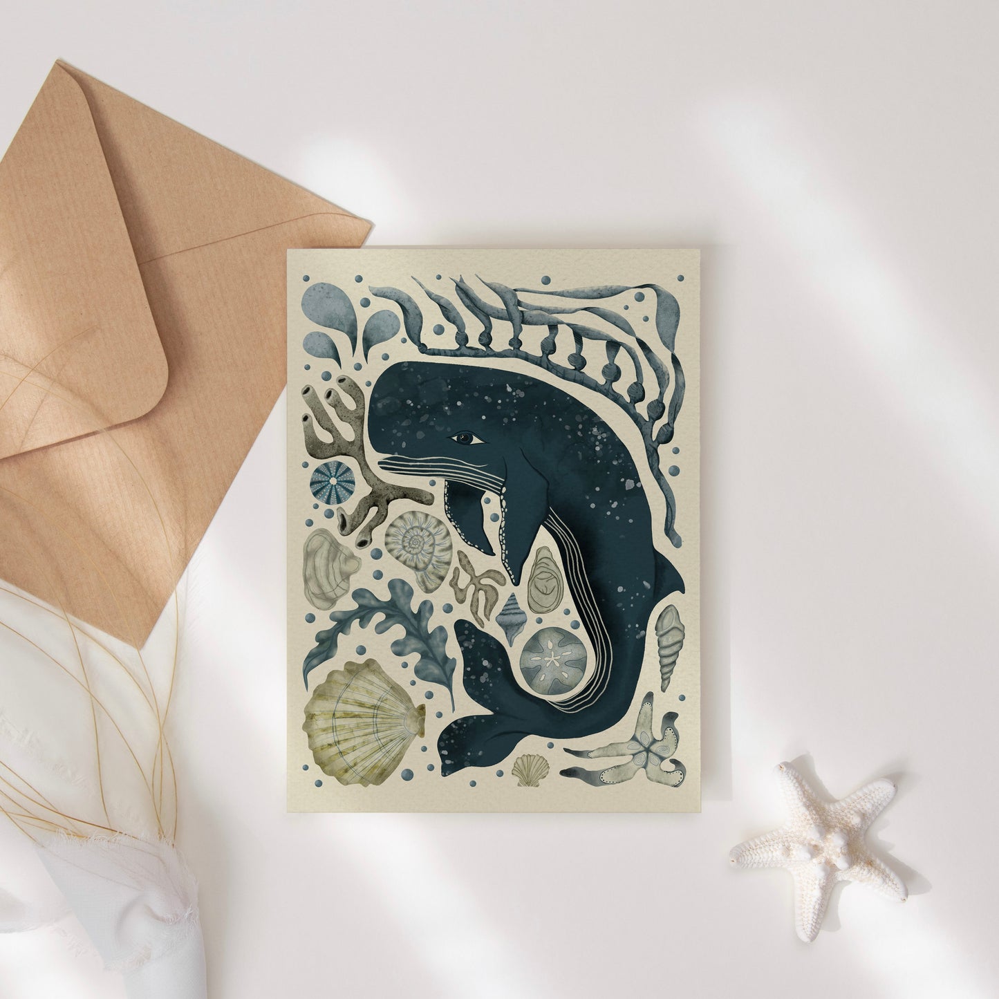 Coastal Whale Greeting Card – 4x5.5 Ocean Illustration – Blank Note Card with Envelope – Beach & Sea Life Inspired Stationery