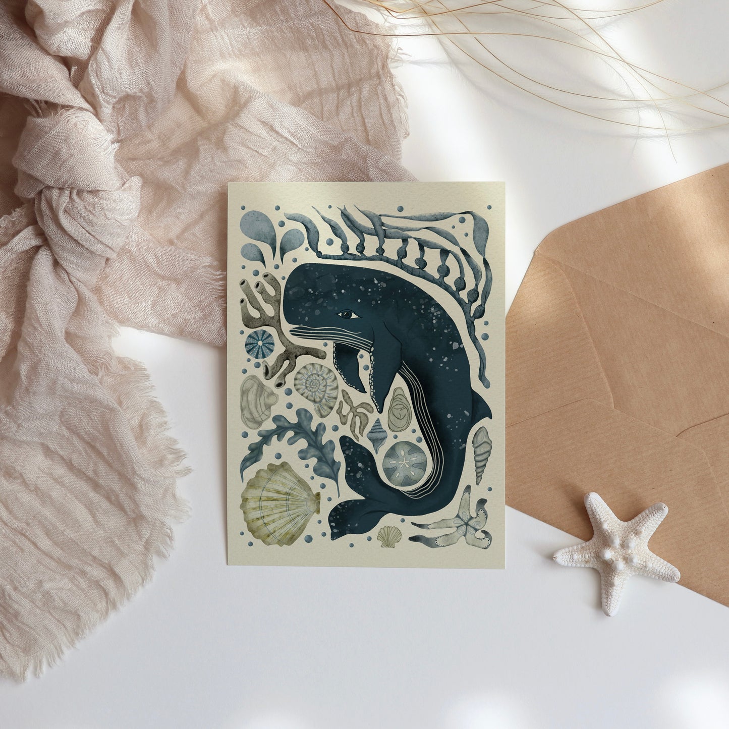 Coastal Whale Greeting Card – 4x5.5 Ocean Illustration – Blank Note Card with Envelope – Beach & Sea Life Inspired Stationery