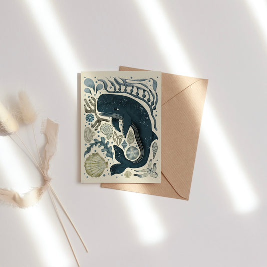 Coastal Whale Greeting Card – 4x5.5 Ocean Illustration – Blank Note Card with Envelope – Beach & Sea Life Inspired Stationery