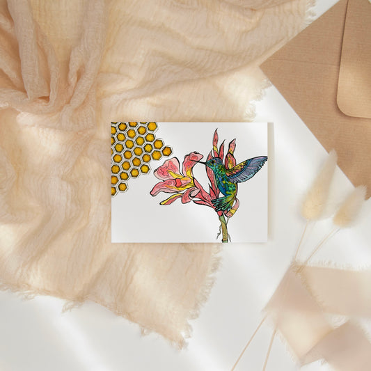 Hummingbird Greeting Card – Watercolor & Ink Botanical Illustration – 4x5.5 Blank Note Card with Envelope – Nature-Inspired Stationery