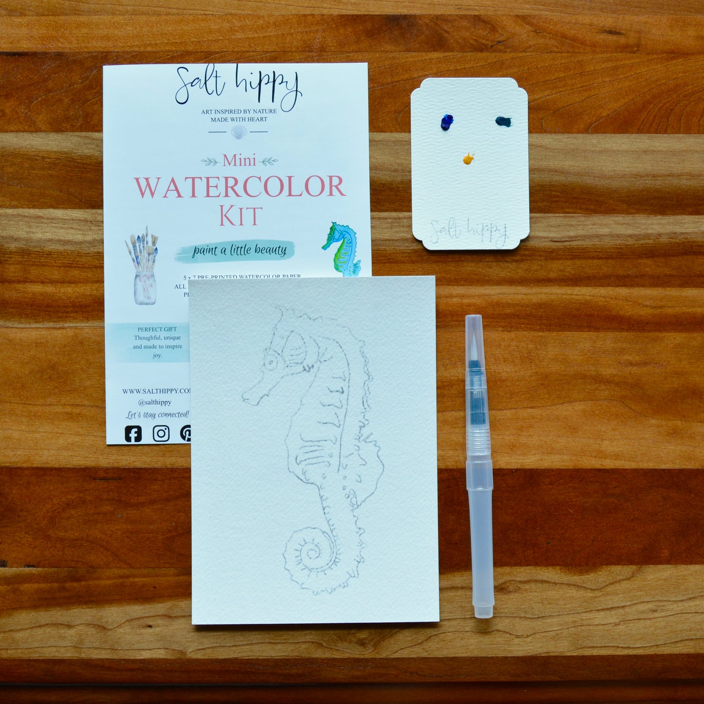 Salt Hippy Mini Watercolor Kit displayed on a wooden surface, including a printed booklet, a small card with paint swatches, a seahorse line drawing on textured paper, and a clear water brush.