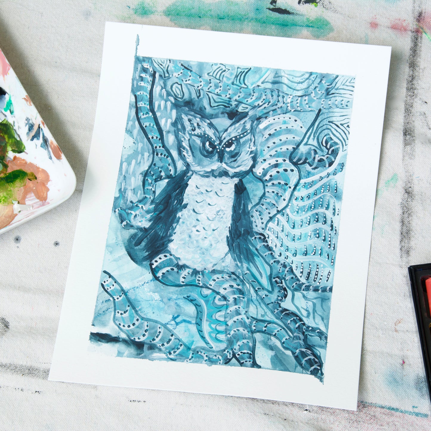 Owl Resonance, Original Mix Media Painting