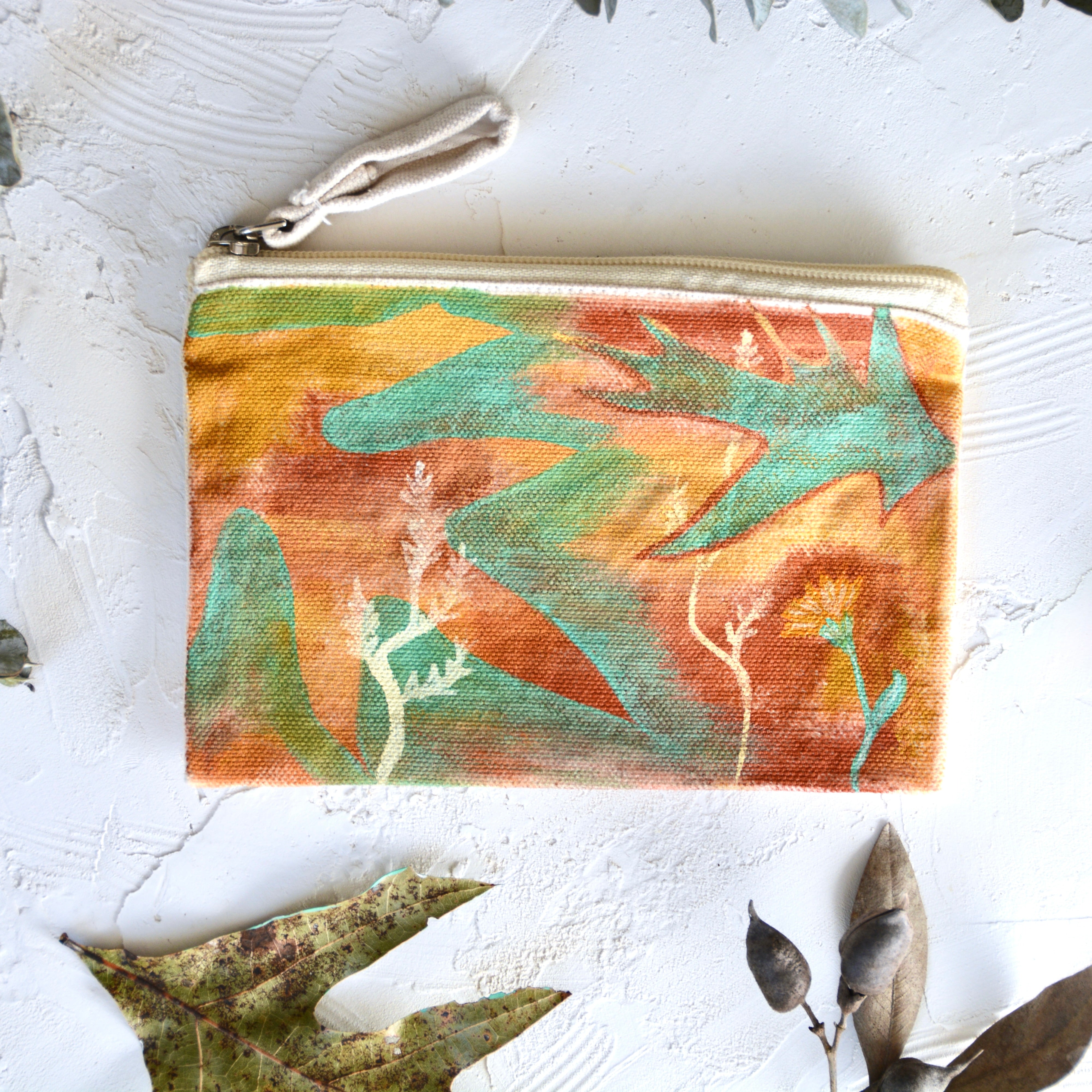 Hand-painted Cotton Canvas Zippered Pouch / Oak Leaves Small