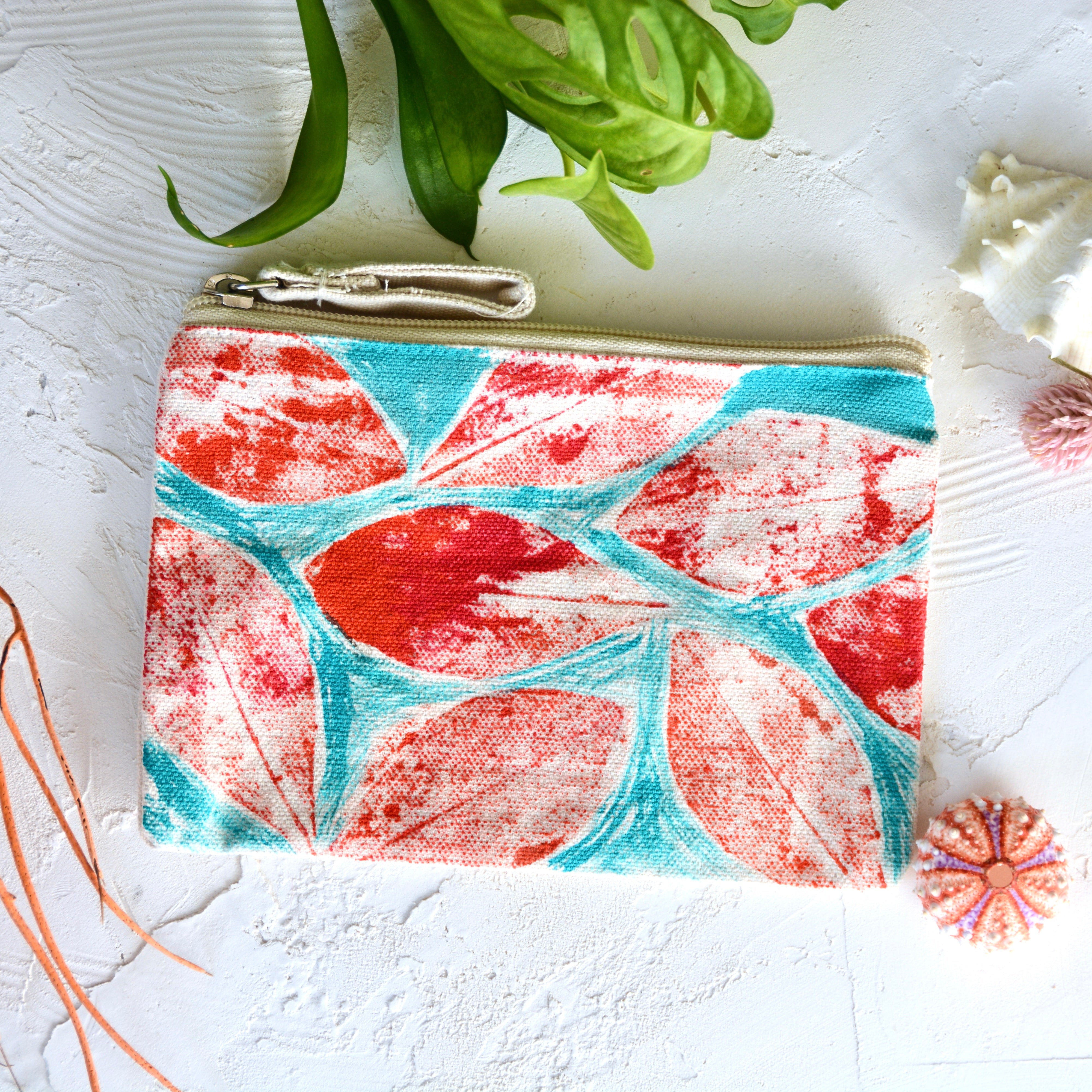 Hand-painted Cotton Canvas Zippered Pouch / Summer Leaves Small