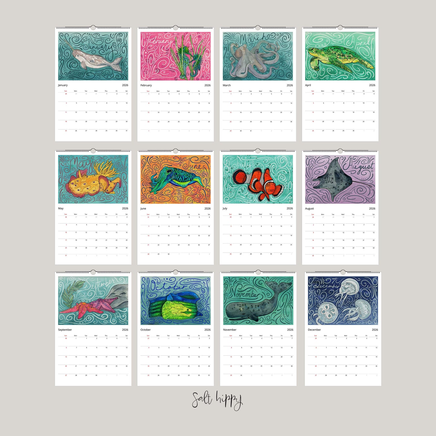Sea Creatures Wall Calendars 2026 (US & CA)