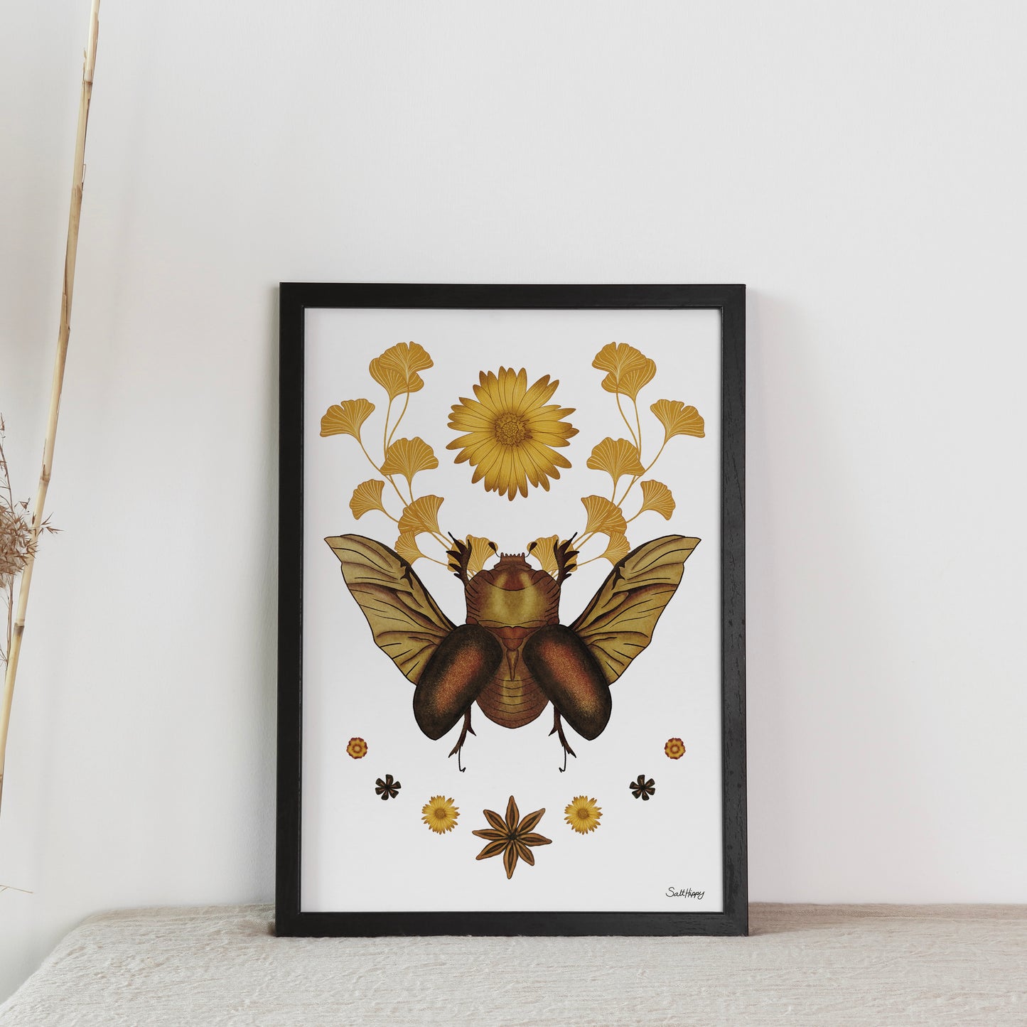 Rhino Beetle Moth Botanical Art Print – Boho Nature-Inspired Wall Decor