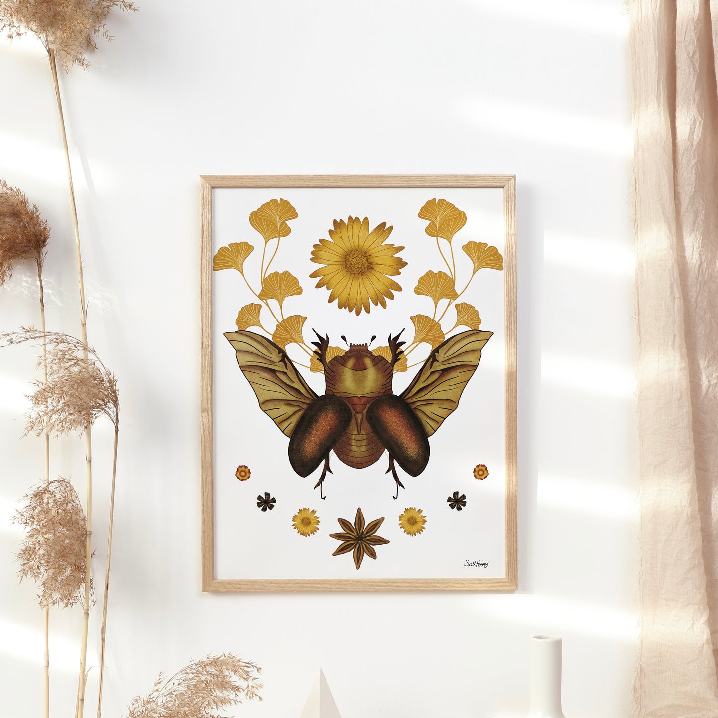 Rhino Beetle Moth Botanical Art Print – Boho Nature-Inspired Wall Decor