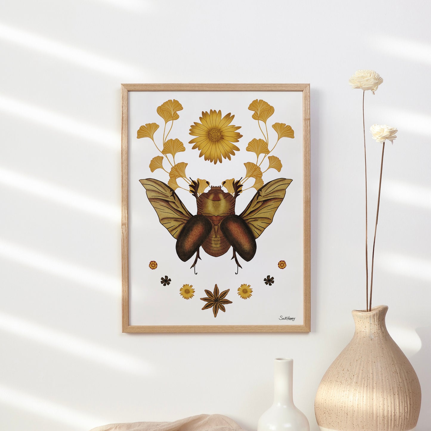 Rhino Beetle Moth Botanical Art Print – Boho Nature-Inspired Wall Decor