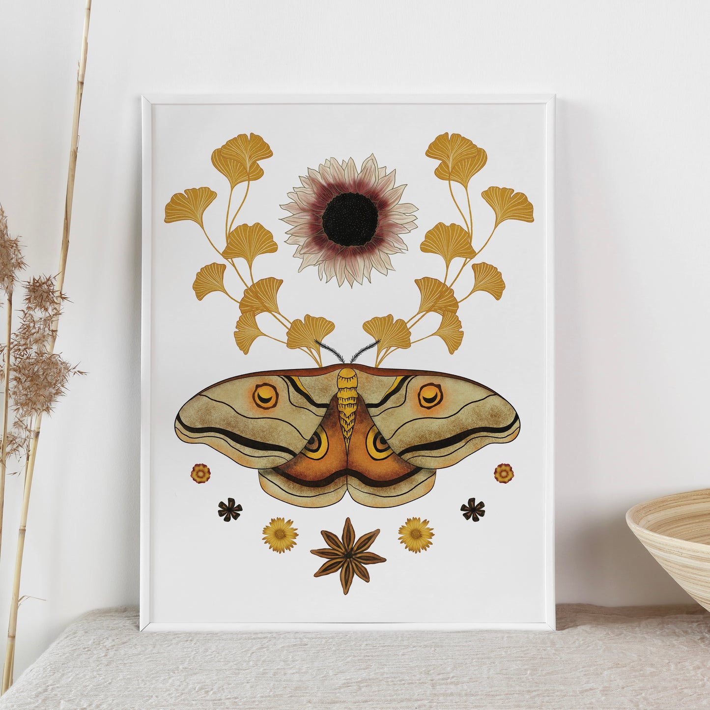 Fall Moth Botanical Art Print – Boho Nature-Inspired Wall Decor