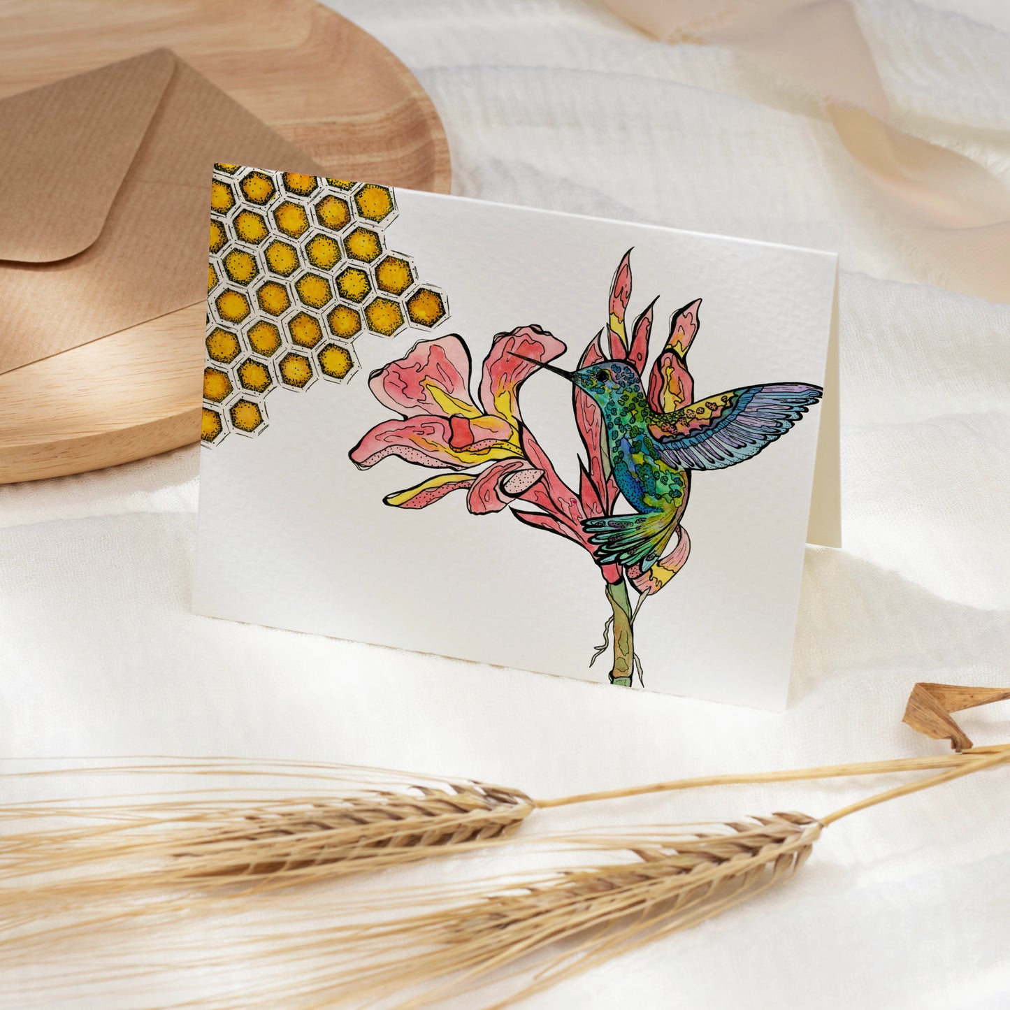Hummingbird Greeting Card – Watercolor & Ink Botanical Illustration – 4x5.5 Blank Note Card with Envelope – Nature-Inspired Stationery
