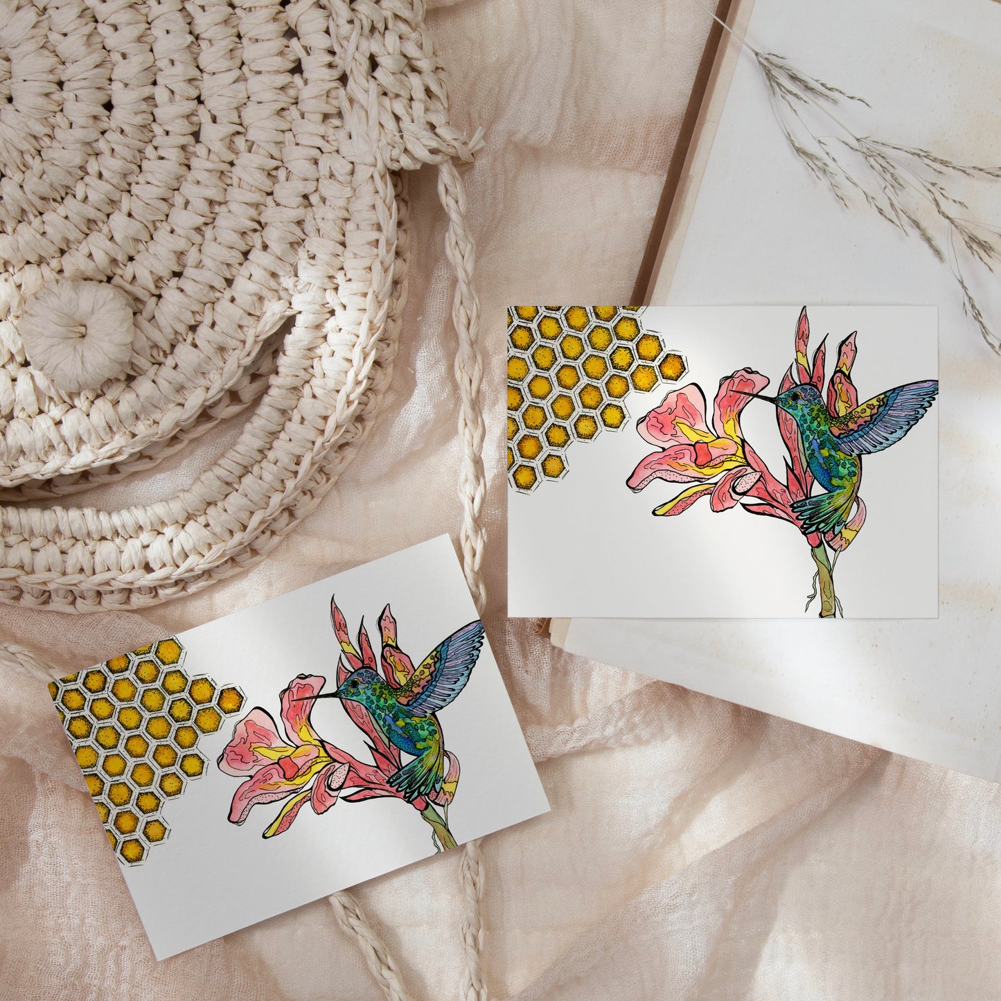 Hummingbird Greeting Card – Watercolor & Ink Botanical Illustration – 4x5.5 Blank Note Card with Envelope – Nature-Inspired Stationery
